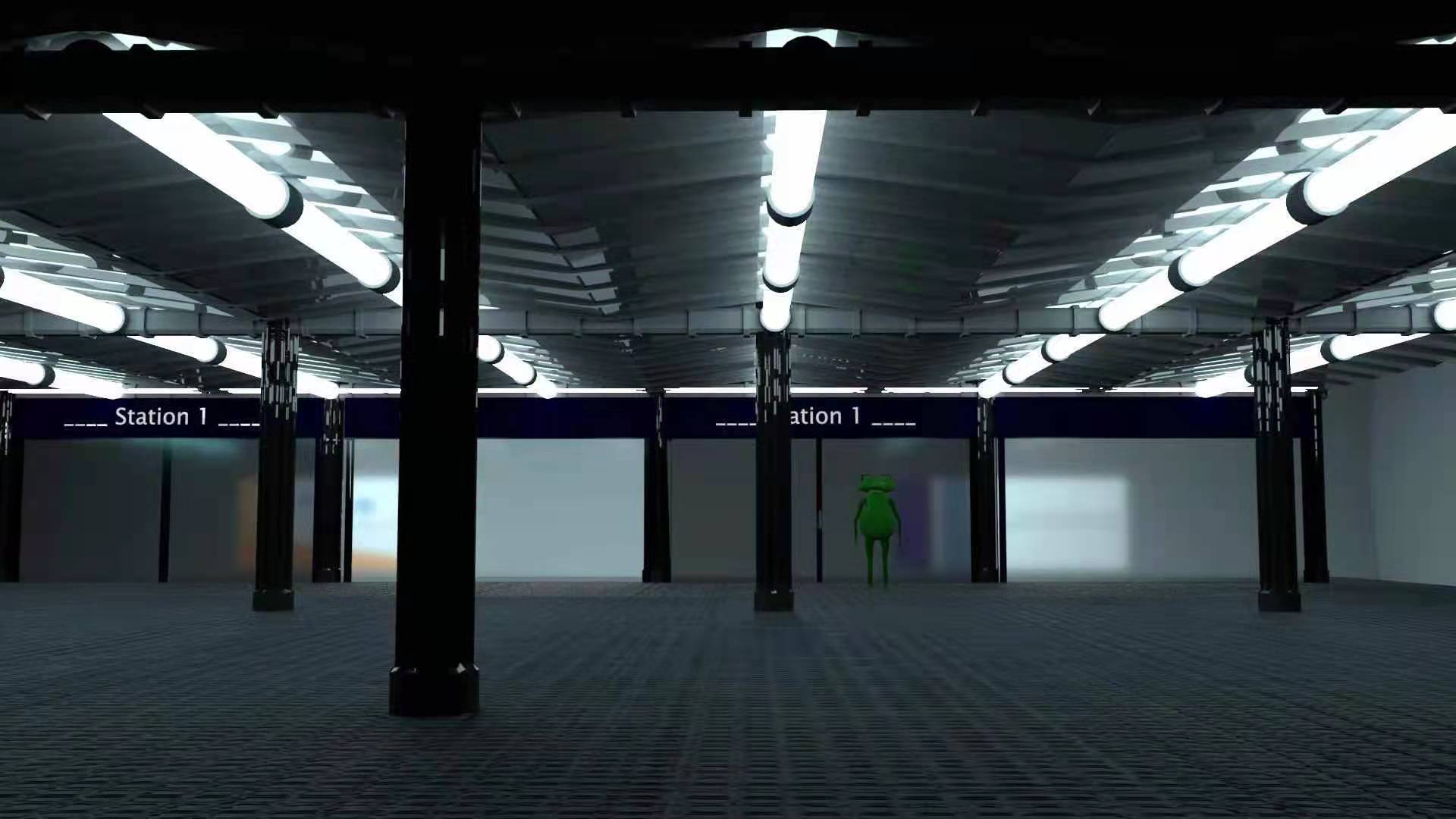 An image of a frog standing in the subway station. He's the only one in the station, lonely and sad.